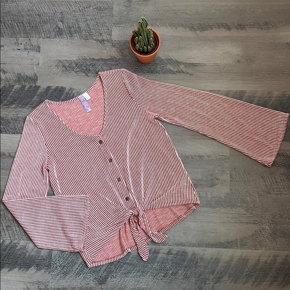 🌵Rust Pinstripe Tie-Waist Bell Sleeve Crop Top - Picture 1 of 5